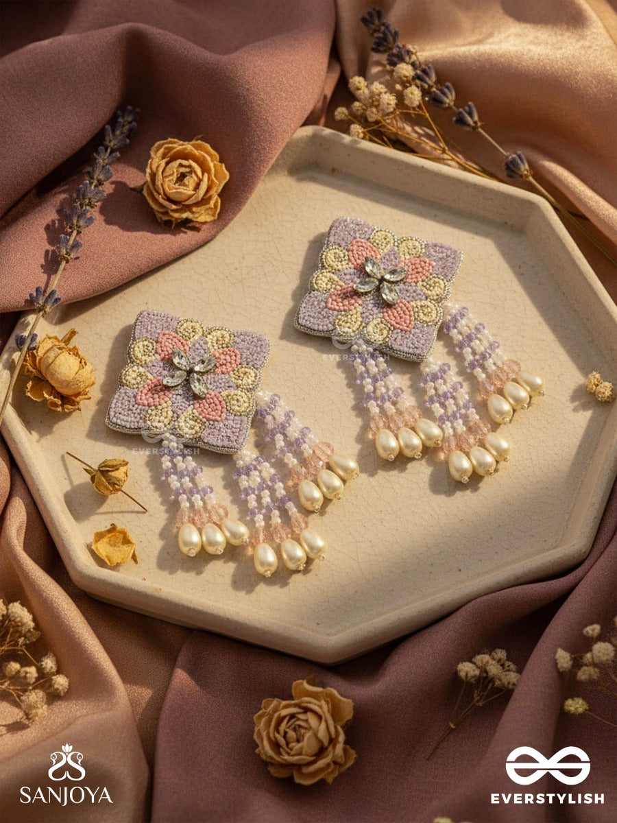 Chatushka- The Graceful Square- Sequins, Stones And Glass Beads Embroidered Earrings