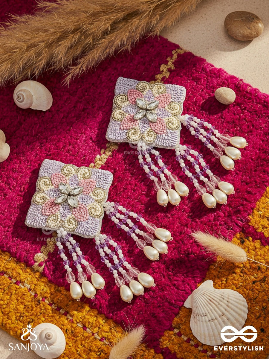 Chatushka- The Graceful Square- Sequins, Stones And Glass Beads Embroidered Earrings