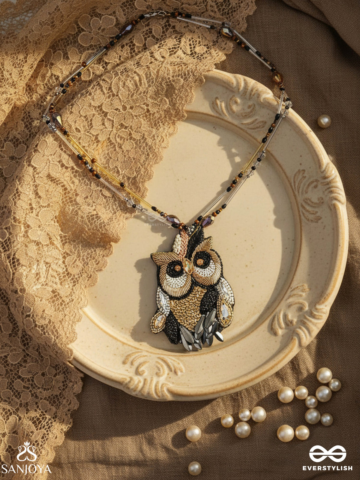 Shakuneya - The Owl King - Sequins And Cutdana Hand Embroidered Necklace (Ebony Black And Golden)