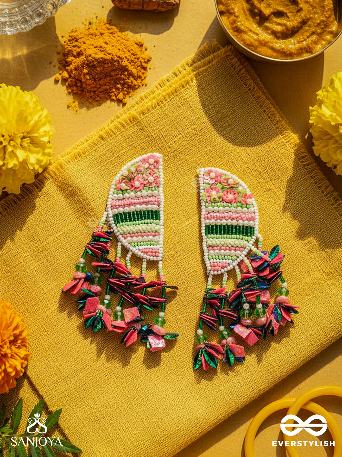 Unmish - The Budding Blossoms - Beads, Cutdana And Sequins Hand Embroidered Earrings