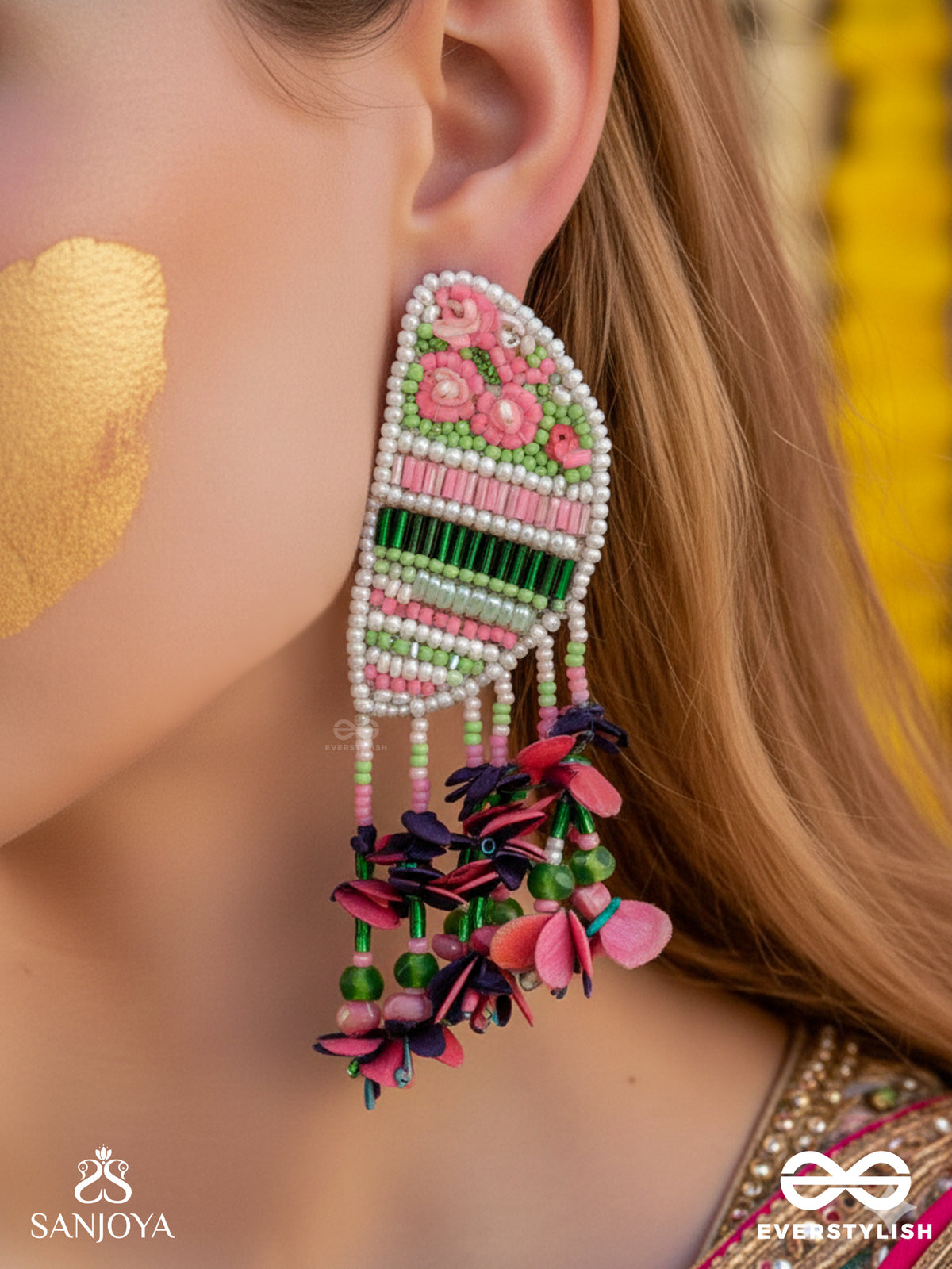 Unmish - The Budding Blossoms - Beads, Cutdana And Sequins Hand Embroidered Earrings