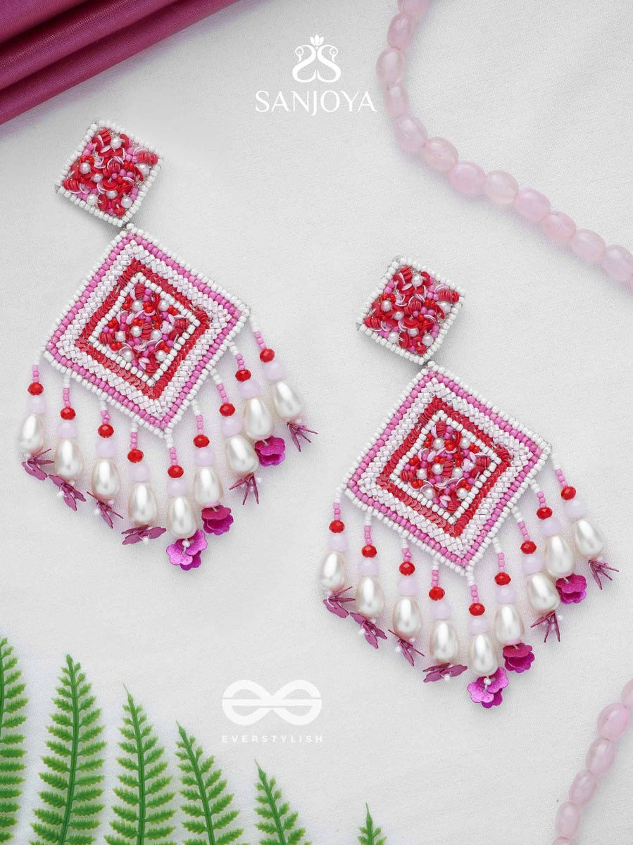 Odrakhya - The China Rose - Pearls, Beads And Sequins Hand Embroidered Earrings