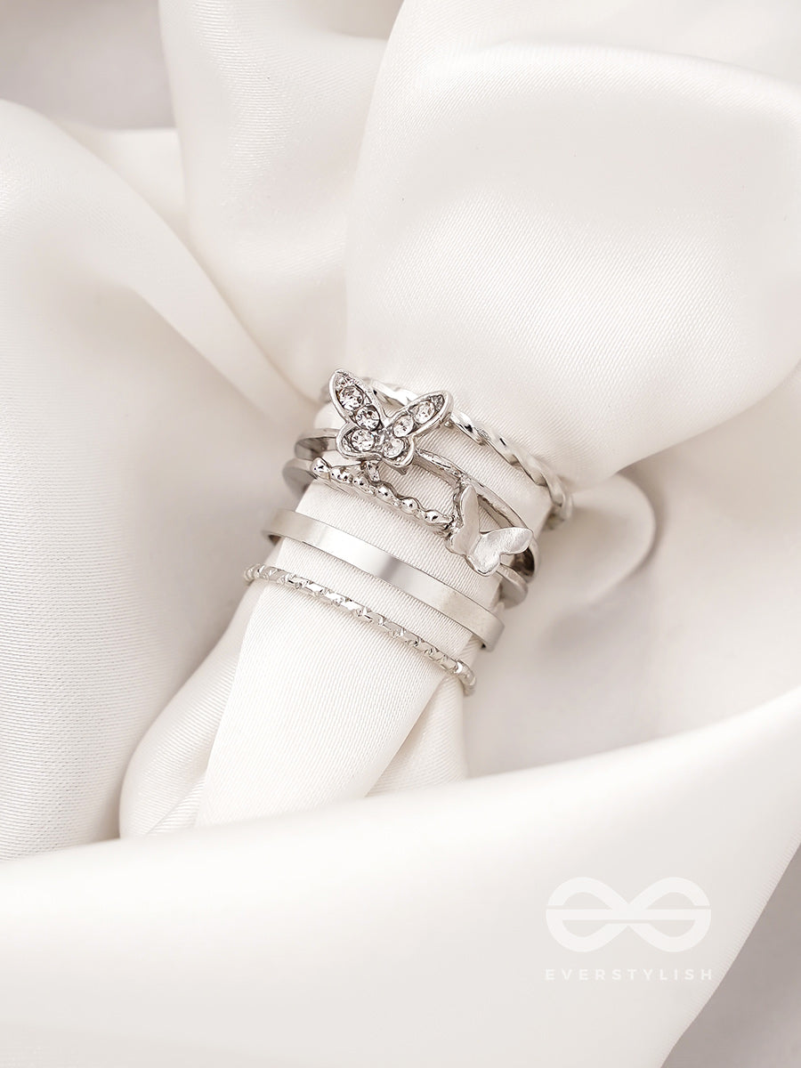 Moons N Butterfly- Set Of 4 Silver Rings