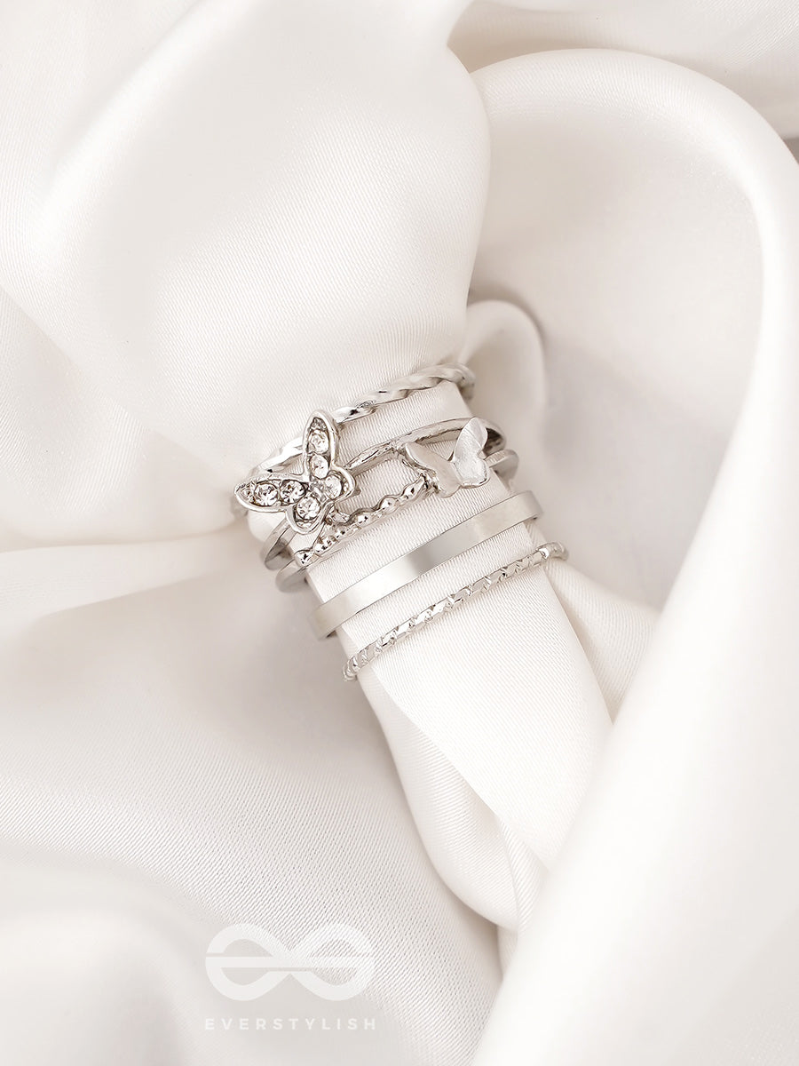 Moons N Butterfly- Set Of 4 Silver Rings