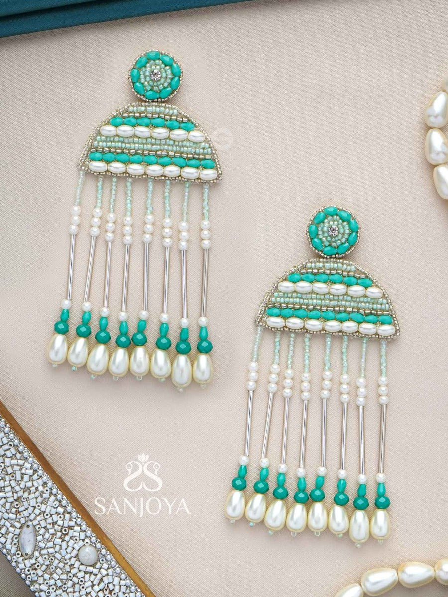 Kamsya- The Beautiful Bell- Swarovski, Pearls And Glass Beads Embroidered Earrings
