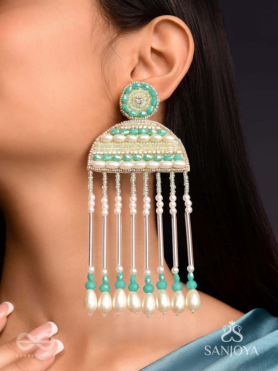 Kamsya- The Beautiful Bell- Swarovski, Pearls And Glass Beads Embroidered Earrings