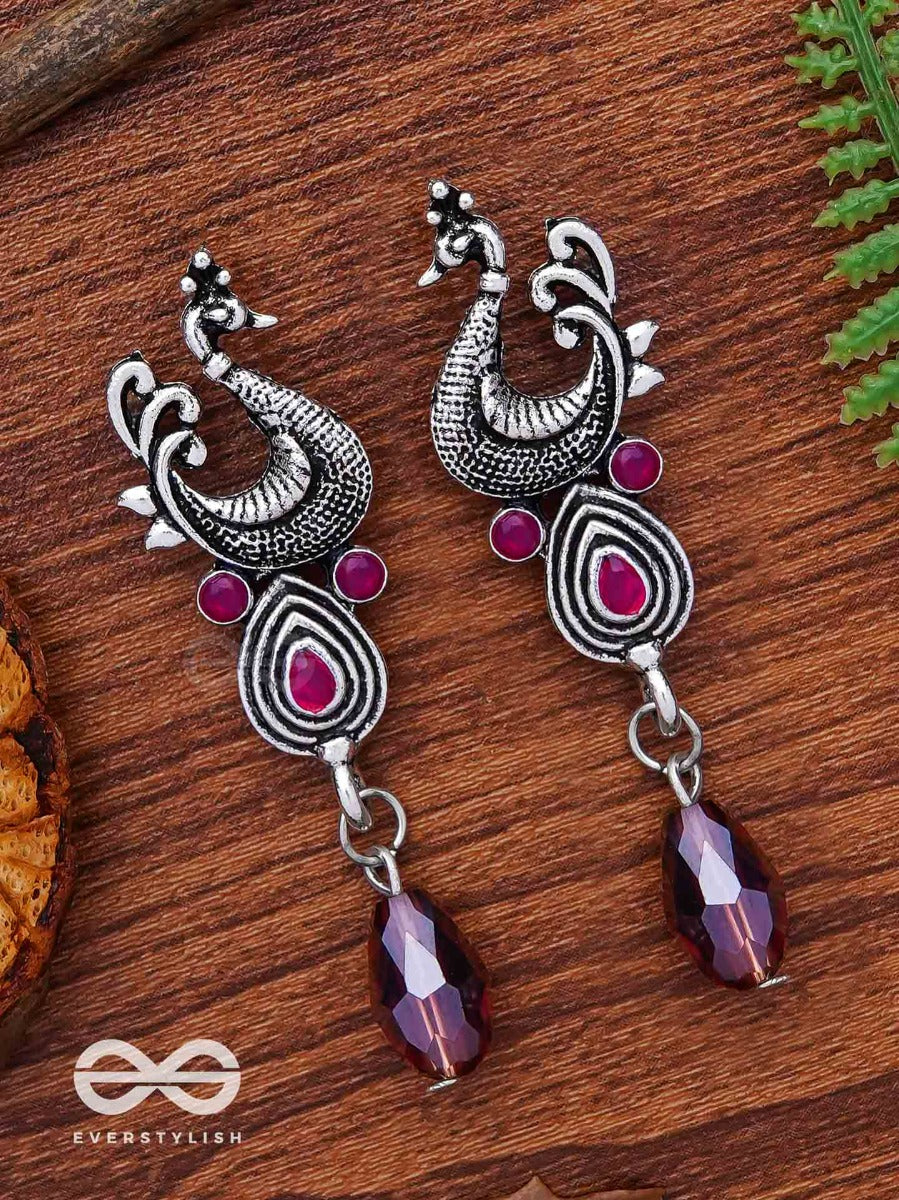 The Prancing Peacock- Embellished Oxidized Earrings (Magenta And Lavender)