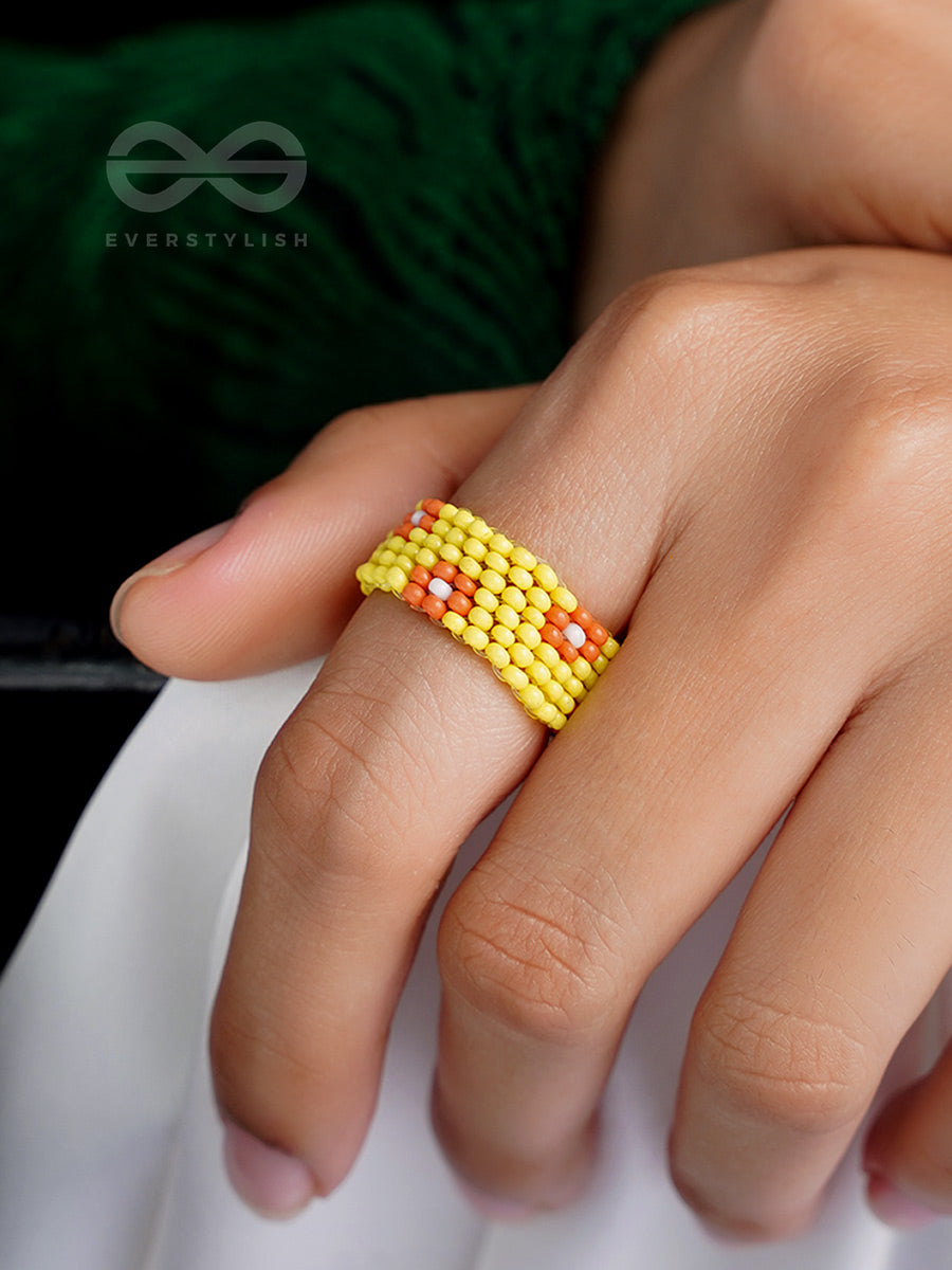 The Flower Meadow- Stretchable Yellow And Red Beaded Ring