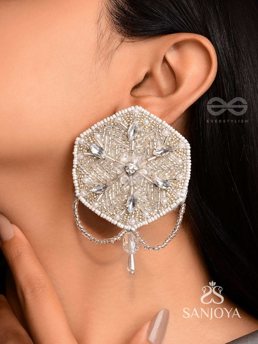Tuhina- The Pristine Snowflake- Stones And Beads Embroidered Earrings