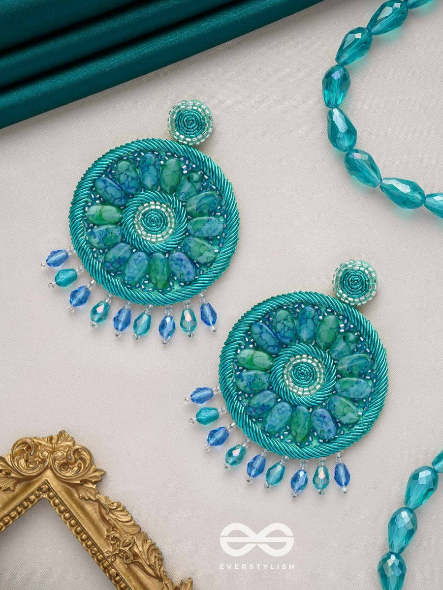 Anushna- The Blue Lotus- Stones And Glass Drops Embroidered Earrings