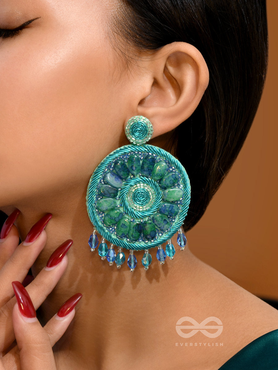 Anushna- The Blue Lotus- Stones And Glass Drops Embroidered Earrings