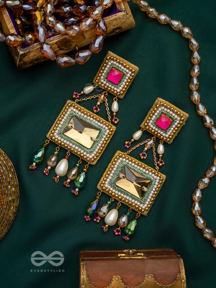 Pushkarini- The Geometric Wonder- Stones And Pearl Drops Embroidered Earrings