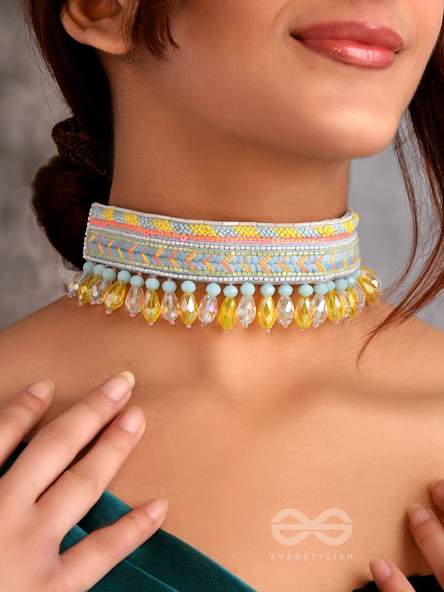 Kelih - Garden Of Sky - Resham, Cutdana And Glass Drops Hand Embroidered Choker Neckpiece