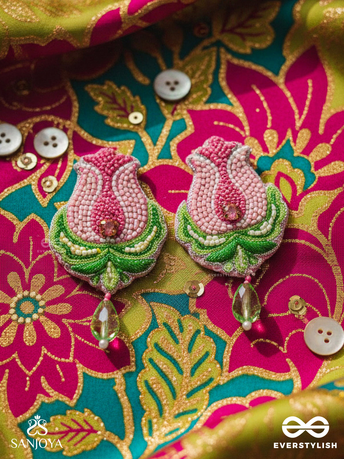 Ambuda- The Lotus Bud- Resham And Glass Drops Embroidered Earrings