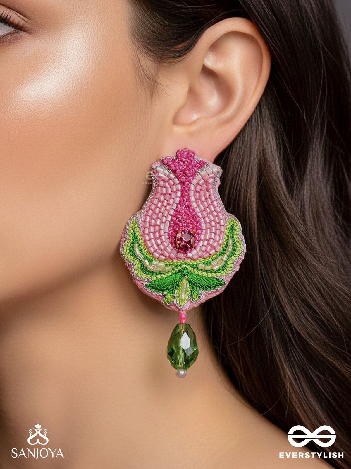 Ambuda- The Lotus Bud- Resham And Glass Drops Embroidered Earrings