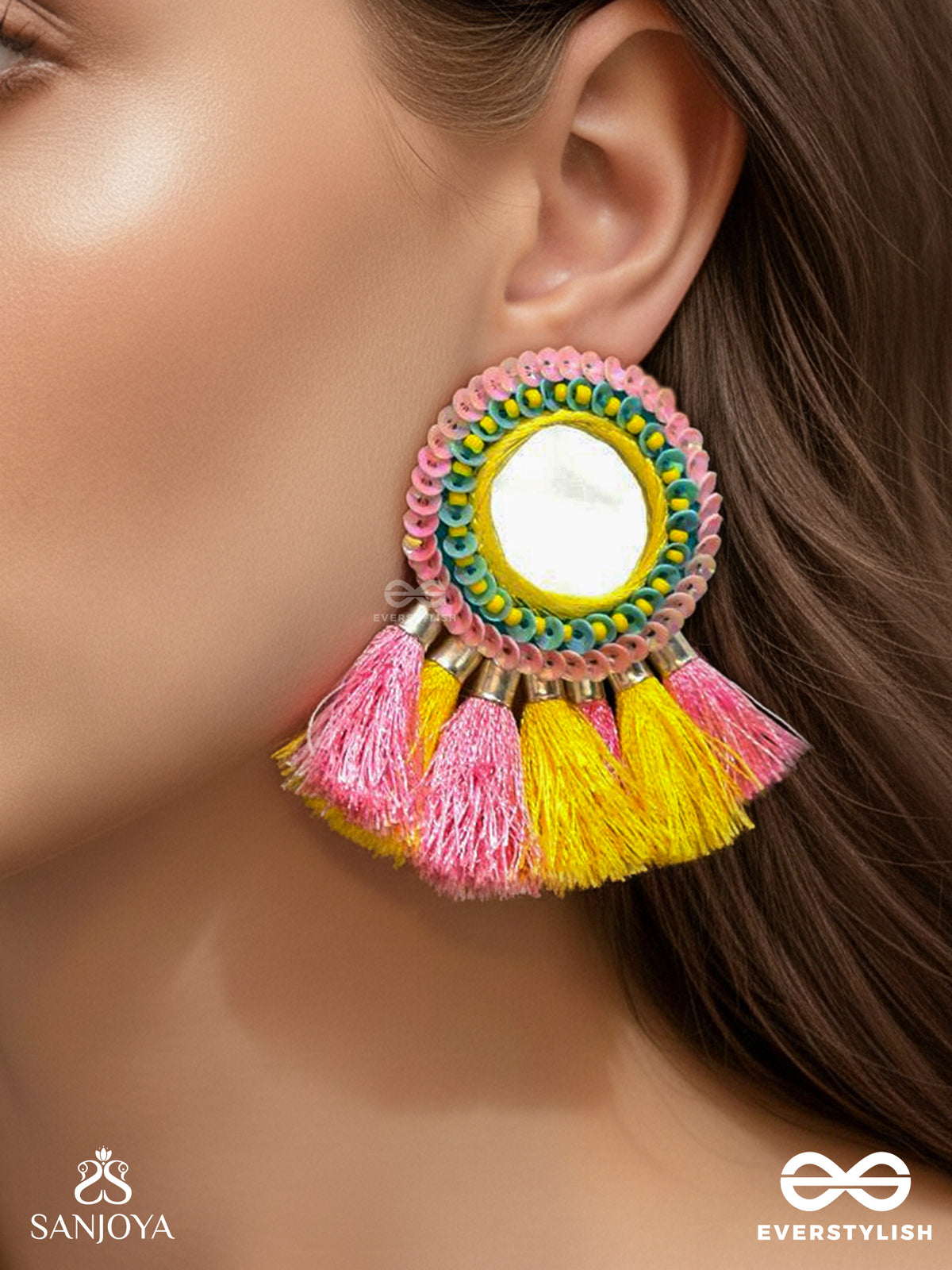 Aatapa - The Warm Sunrays - Mirror, Resham And Sequins Hand Embroidered Earrings