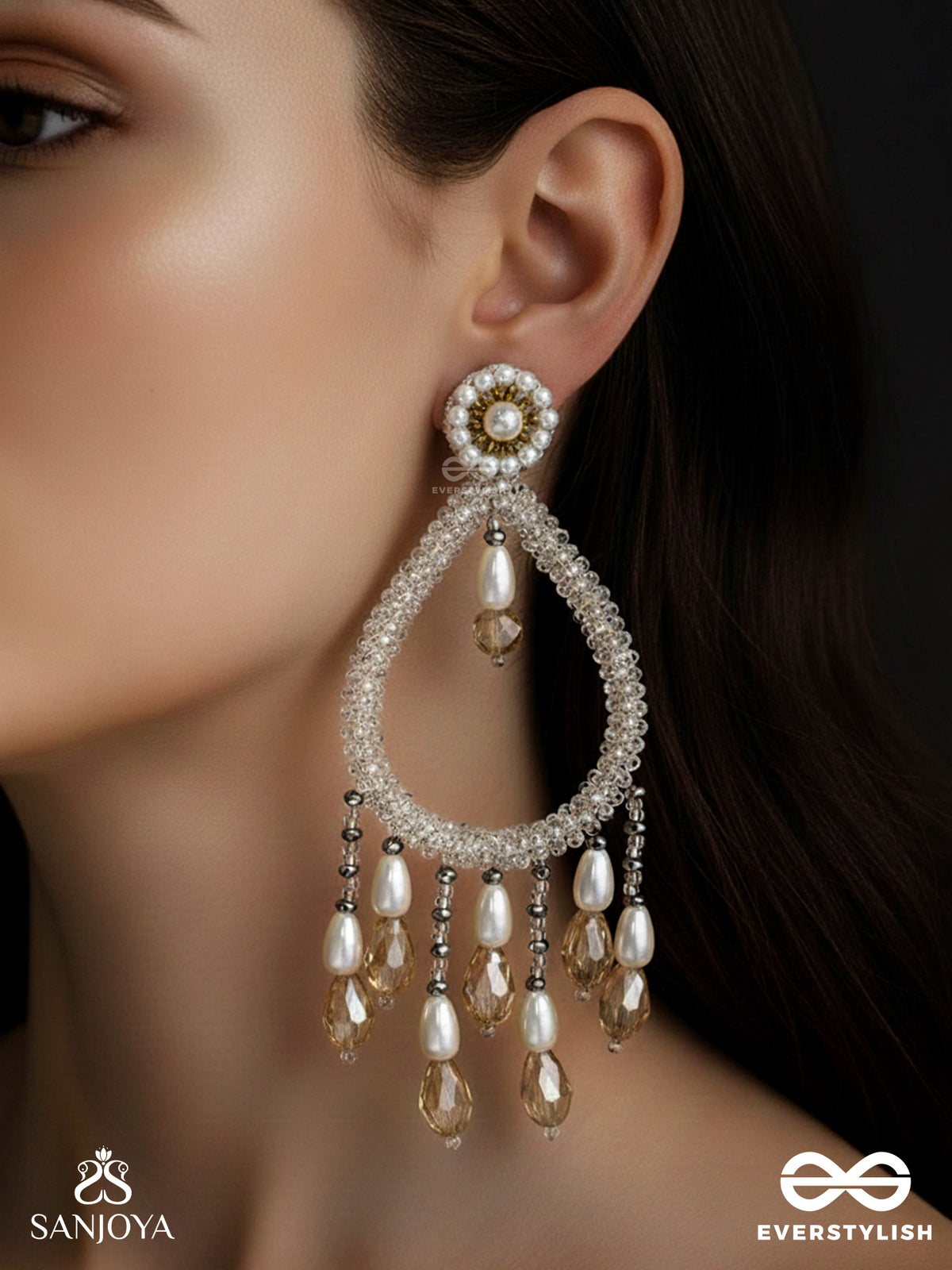Ashvasya - The Boundless Beauty - Pearl And Glass Drops Hand Embroidered Earrings (White)