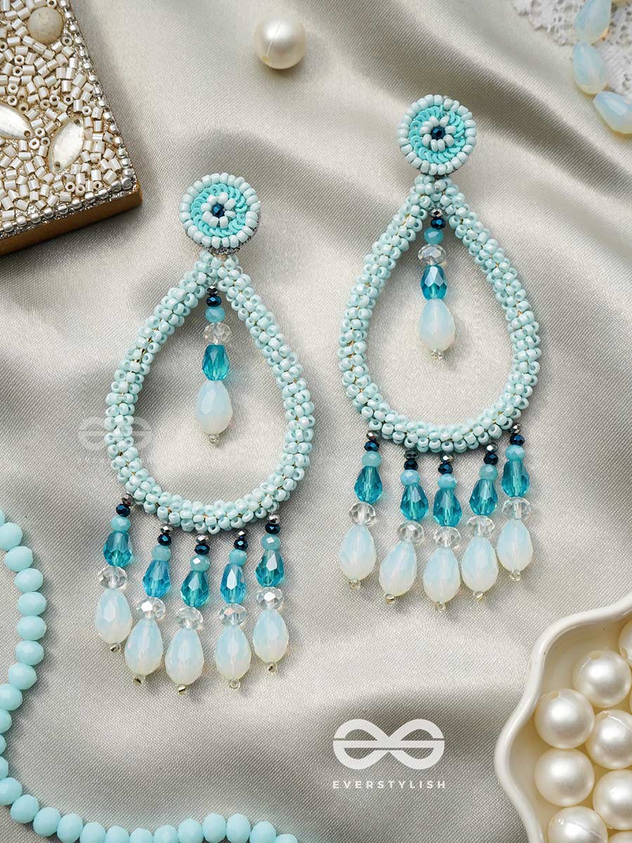 Ashvasya - The Boundless Beauty - Beads And Glass Drops Hand Embroidered Earrings (Cyan Blue)
