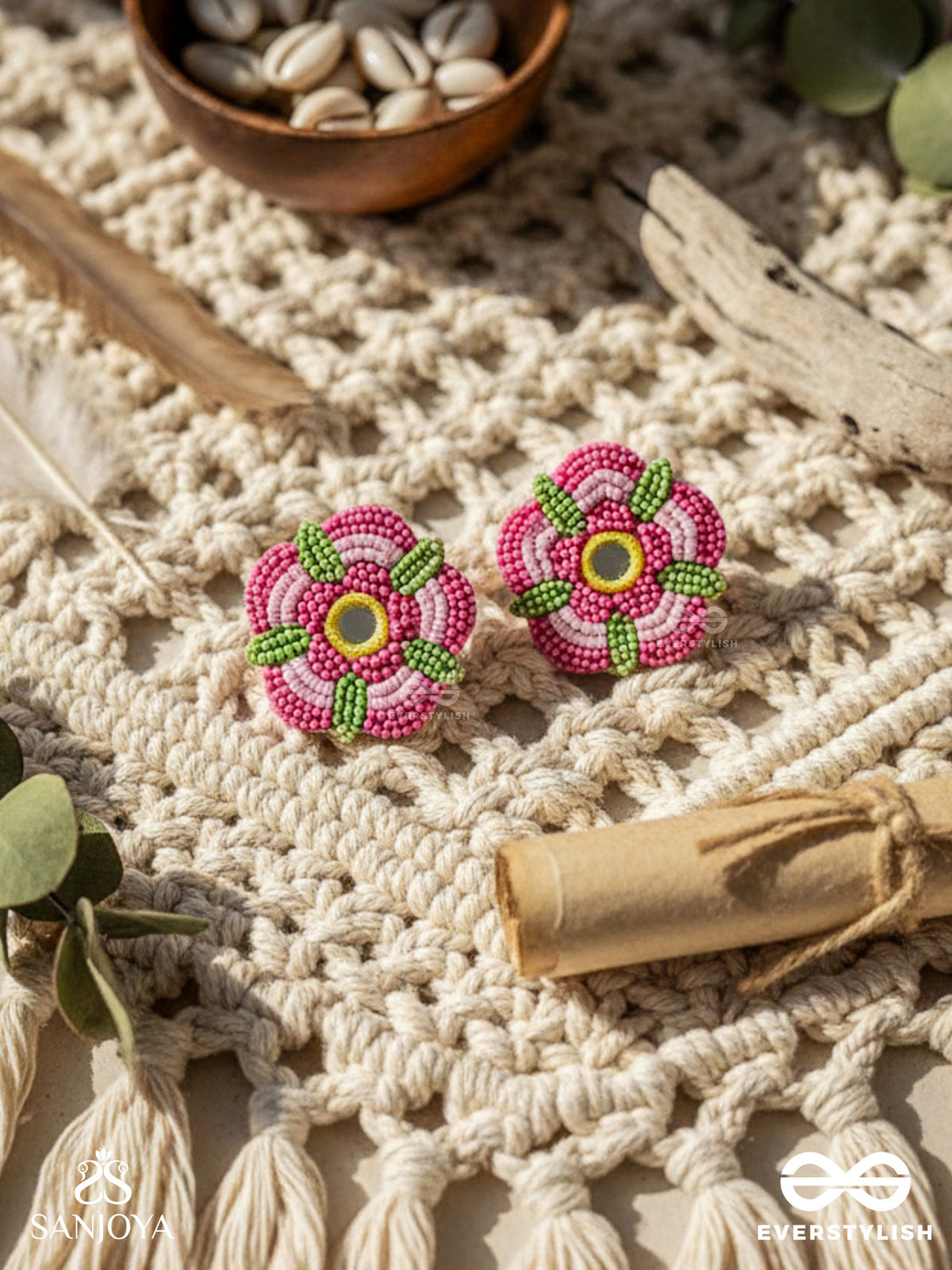 Saumana- The Pink Blossom- Resham And Mirror Embroidered Earrings