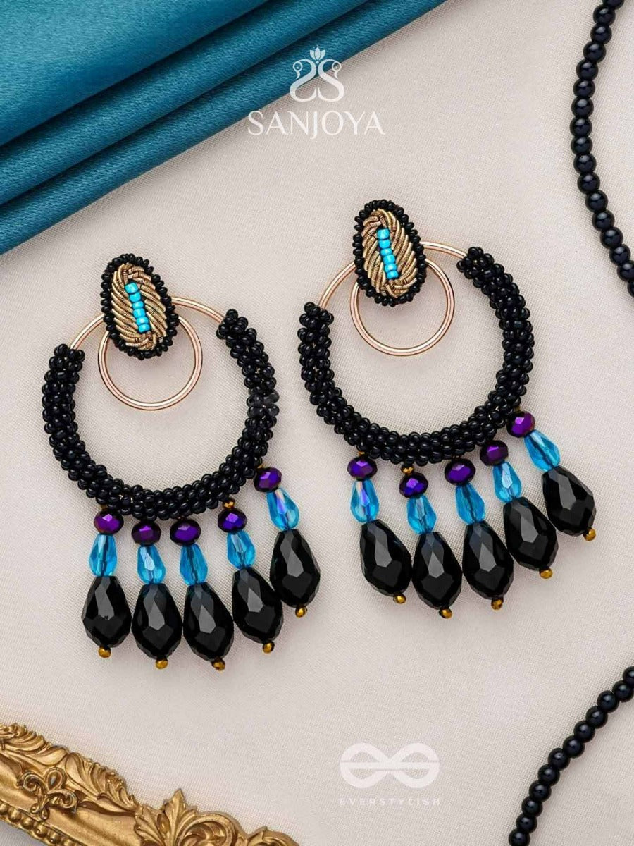 Abhineela - The Mysterious Night - Beads And Glass Drops Hand Embroidered Earrings