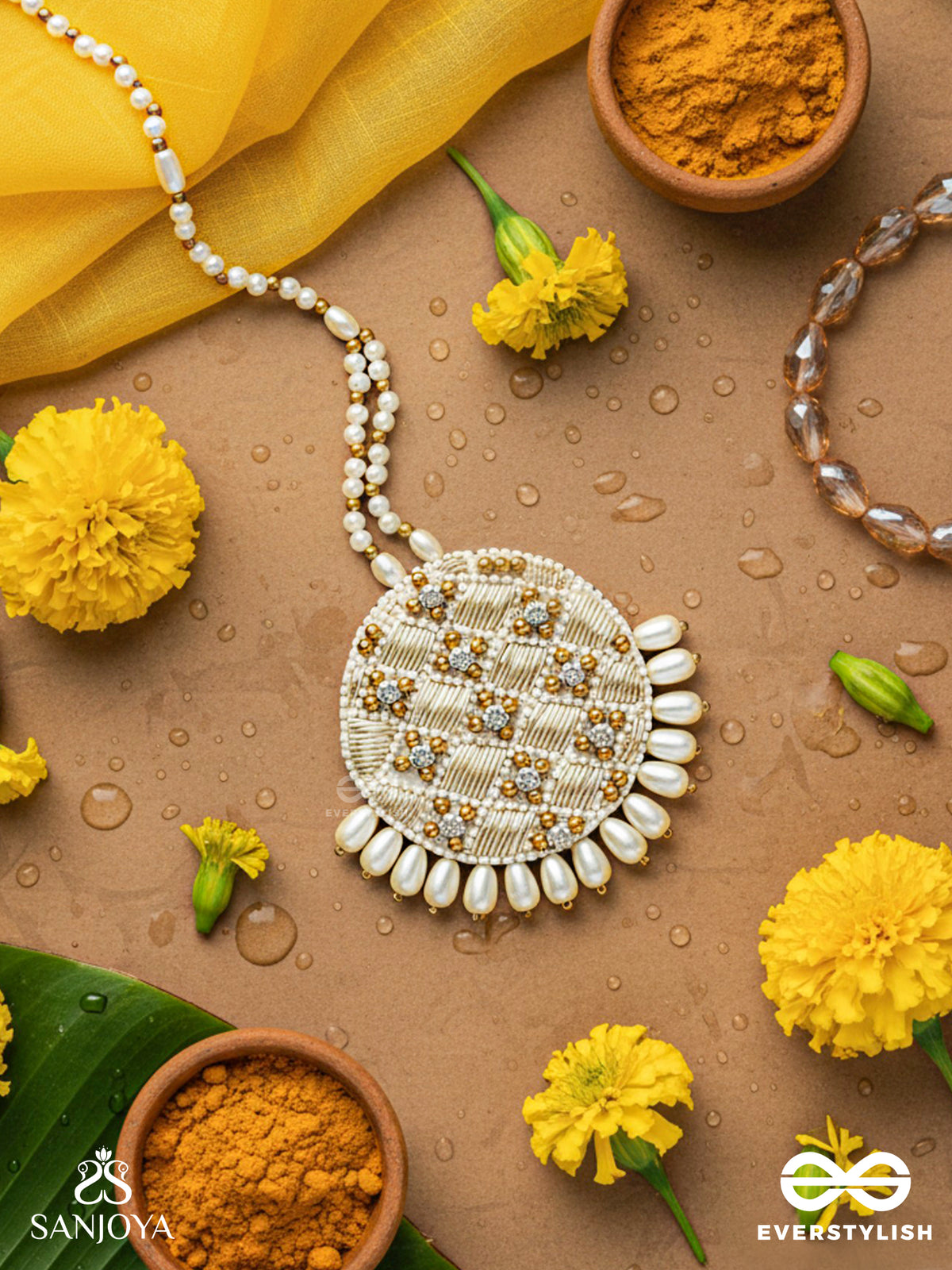 Yastika - Beauty In Pearls - Stone, Beads And Pearls Embroidered Maangtika