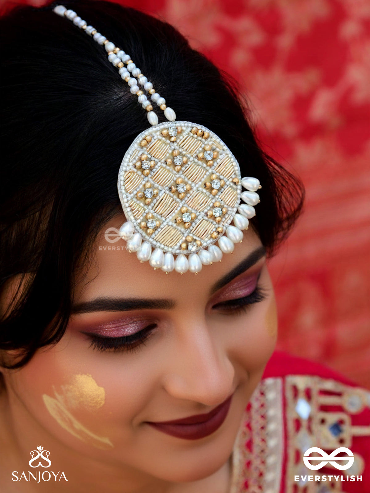 Yastika - Beauty In Pearls - Stone, Beads And Pearls Embroidered Maangtika