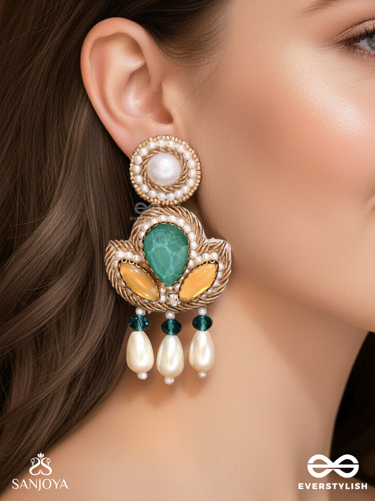 Abja- The Vibrant Lotus- Stones And Pearl Drops Embroidered Earrings