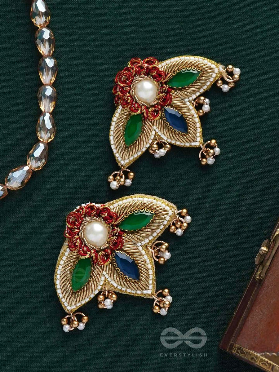 Kaaravi- The Lush Leaf- Resham, Pearls And Stones Embroidered Earrings