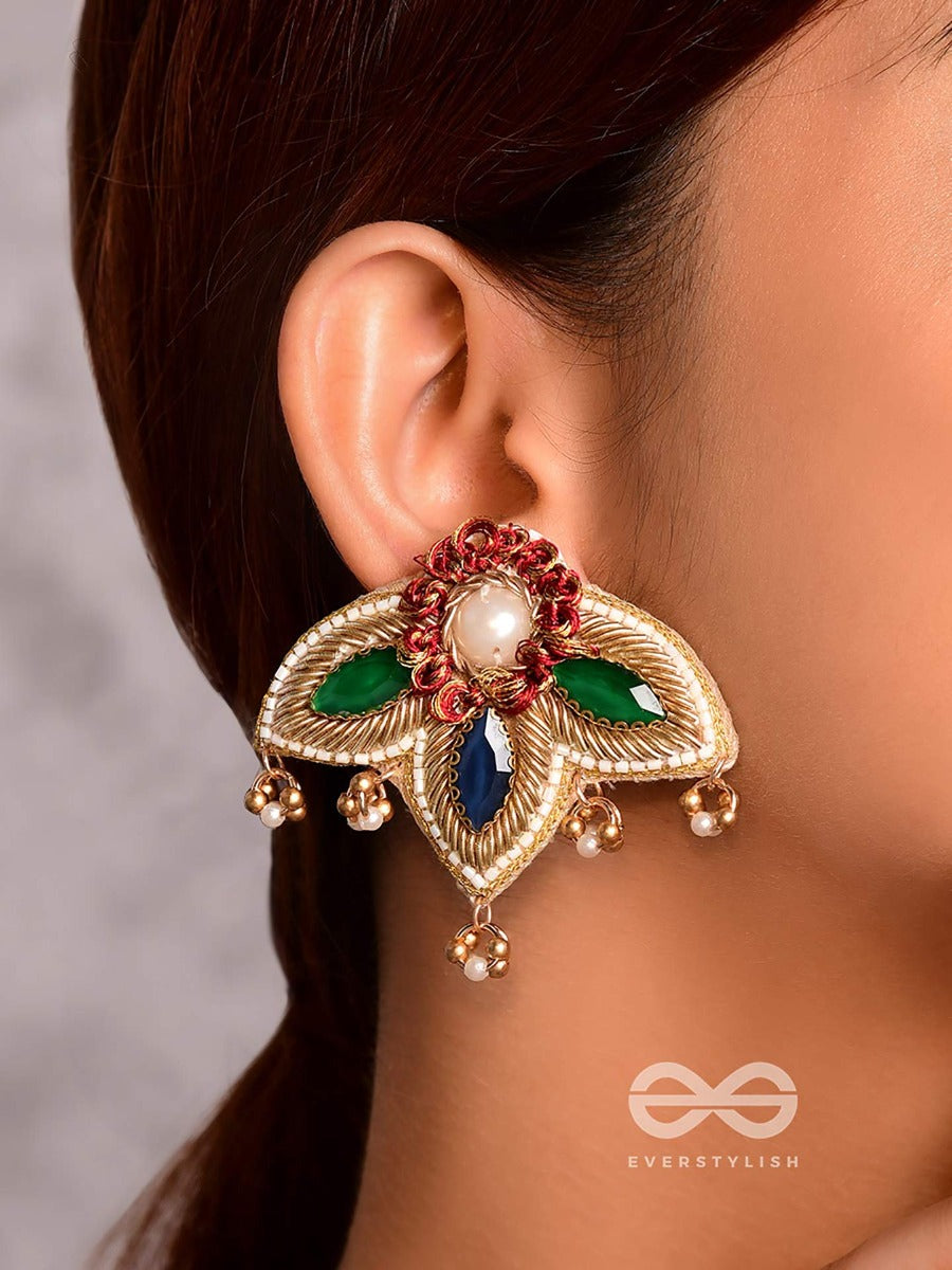 Kaaravi- The Lush Leaf- Resham, Pearls And Stones Embroidered Earrings