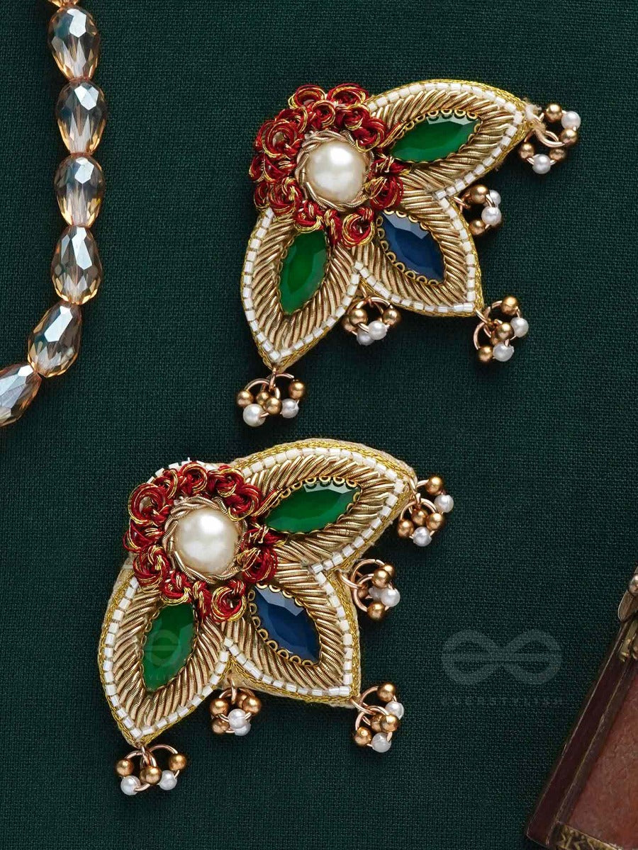 Kaaravi- The Lush Leaf- Resham, Pearls And Stones Embroidered Earrings
