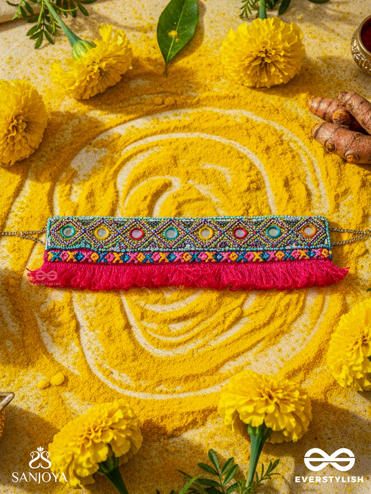 Nirmoka- The Pink Sky- Mirrors, Resham And Lace Embroidered Choker Necklace