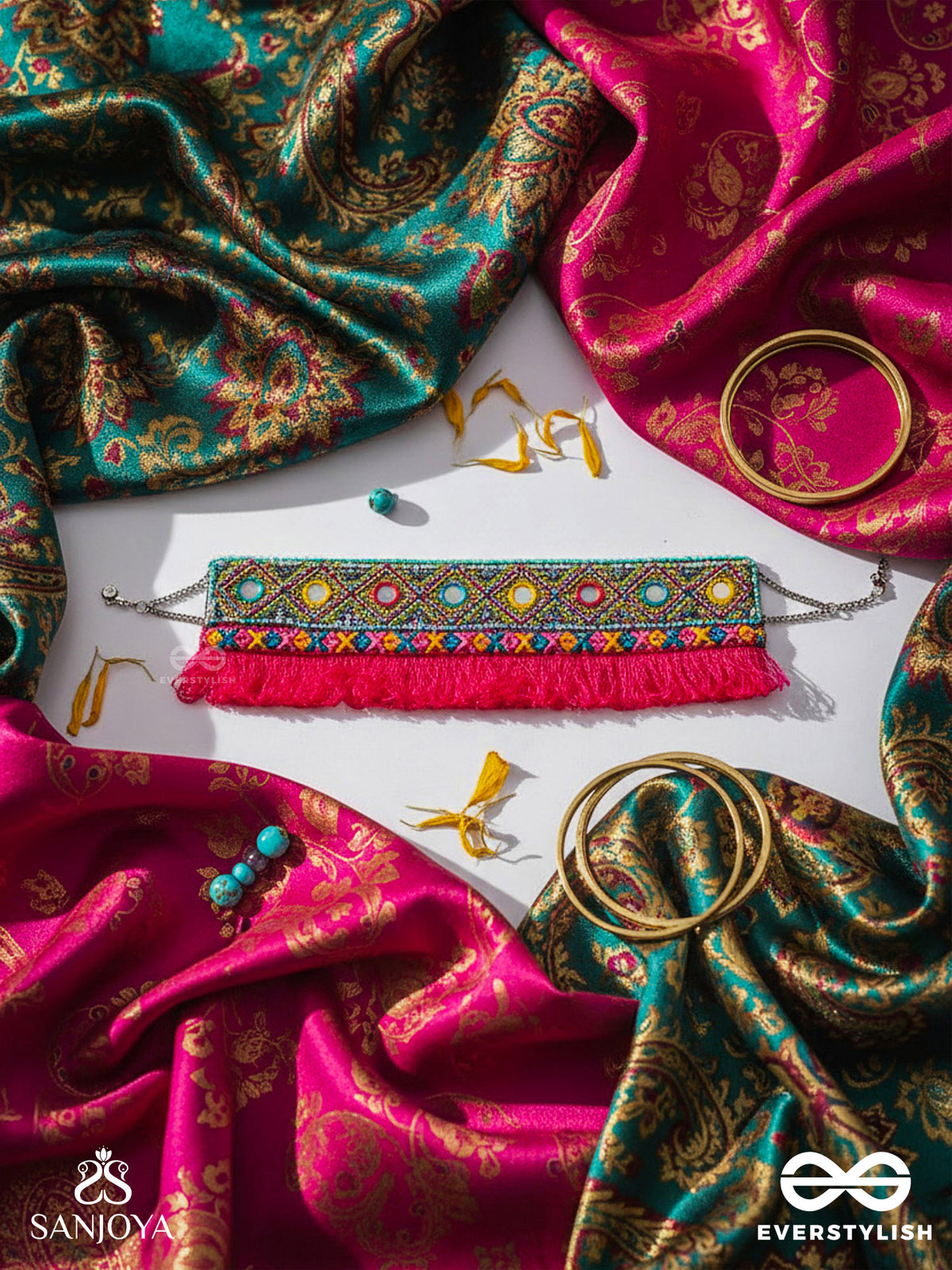 Nirmoka- The Pink Sky- Mirrors, Resham And Lace Embroidered Choker Necklace
