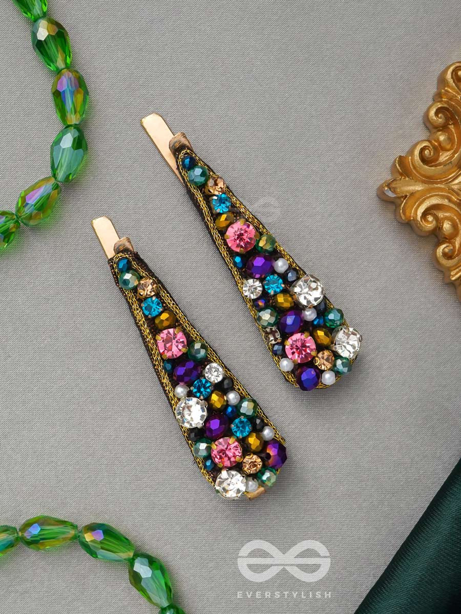 Vasnya- Exquisitely Precious- Stones, Glass Beads And Zari Embroidered Hair Clips