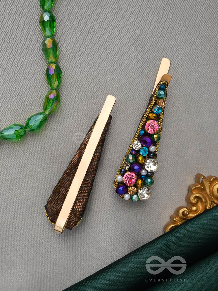 Vasnya- Exquisitely Precious- Stones, Glass Beads And Zari Embroidered Hair Clips