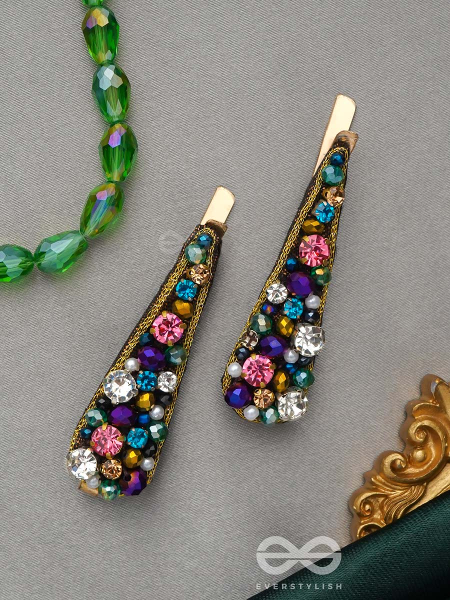 Vasnya- Exquisitely Precious- Stones, Glass Beads And Zari Embroidered Hair Clips