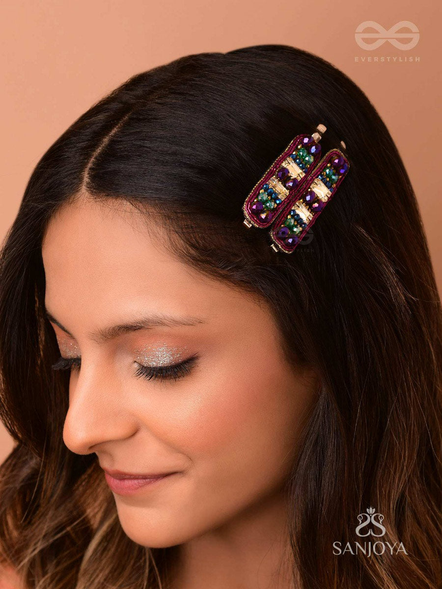 Amaanta- The Night Sky- Stones And Glass Beads Embroidered Hair Clips