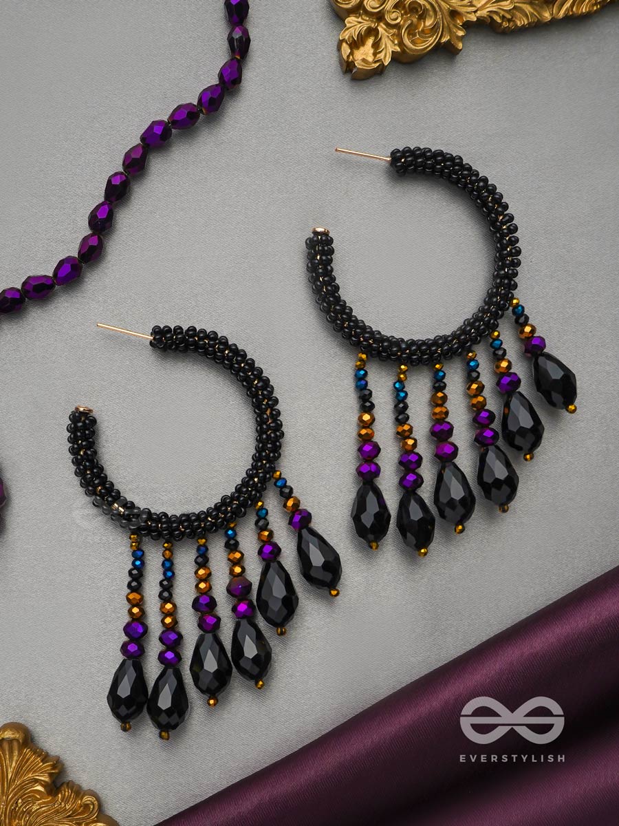 Tamisra- The Melting Night- Glass Drops And Beads Embroidered Hoop Earrings