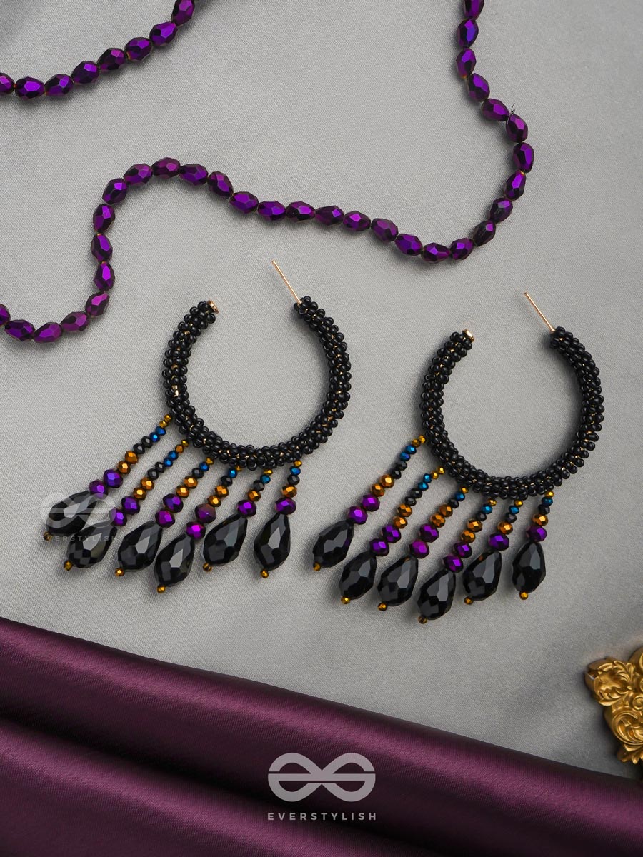 Tamisra- The Melting Night- Glass Drops And Beads Embroidered Hoop Earrings