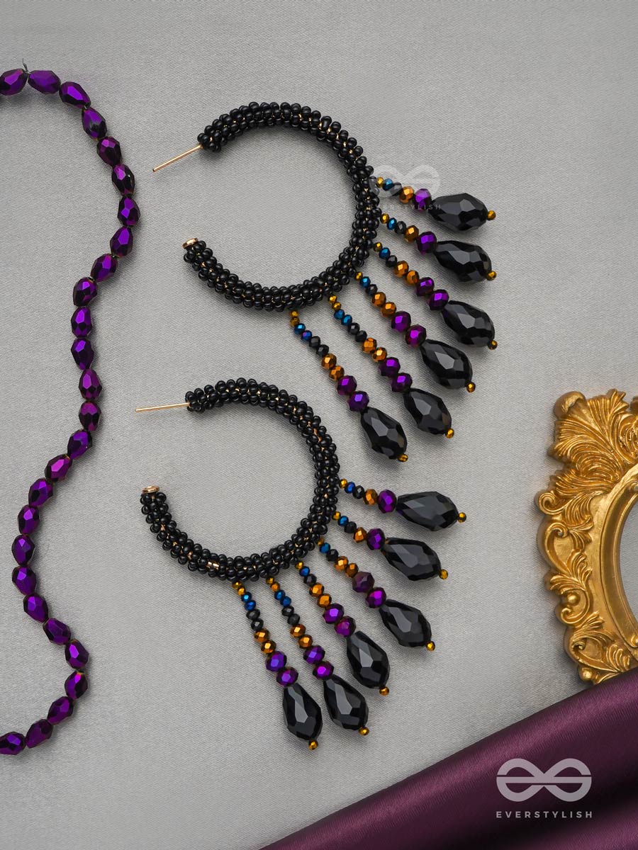 Tamisra- The Melting Night- Glass Drops And Beads Embroidered Hoop Earrings