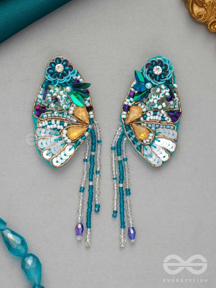 Chelashka- The Magnificent Moth- Stones, Sequins And Beads Embroidered Statement Earrings