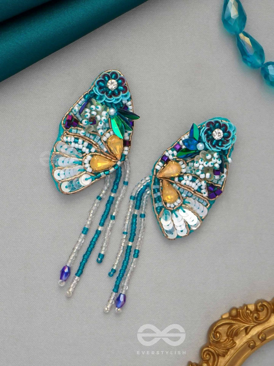 Chelashka- The Magnificent Moth- Stones, Sequins And Beads Embroidered Statement Earrings
