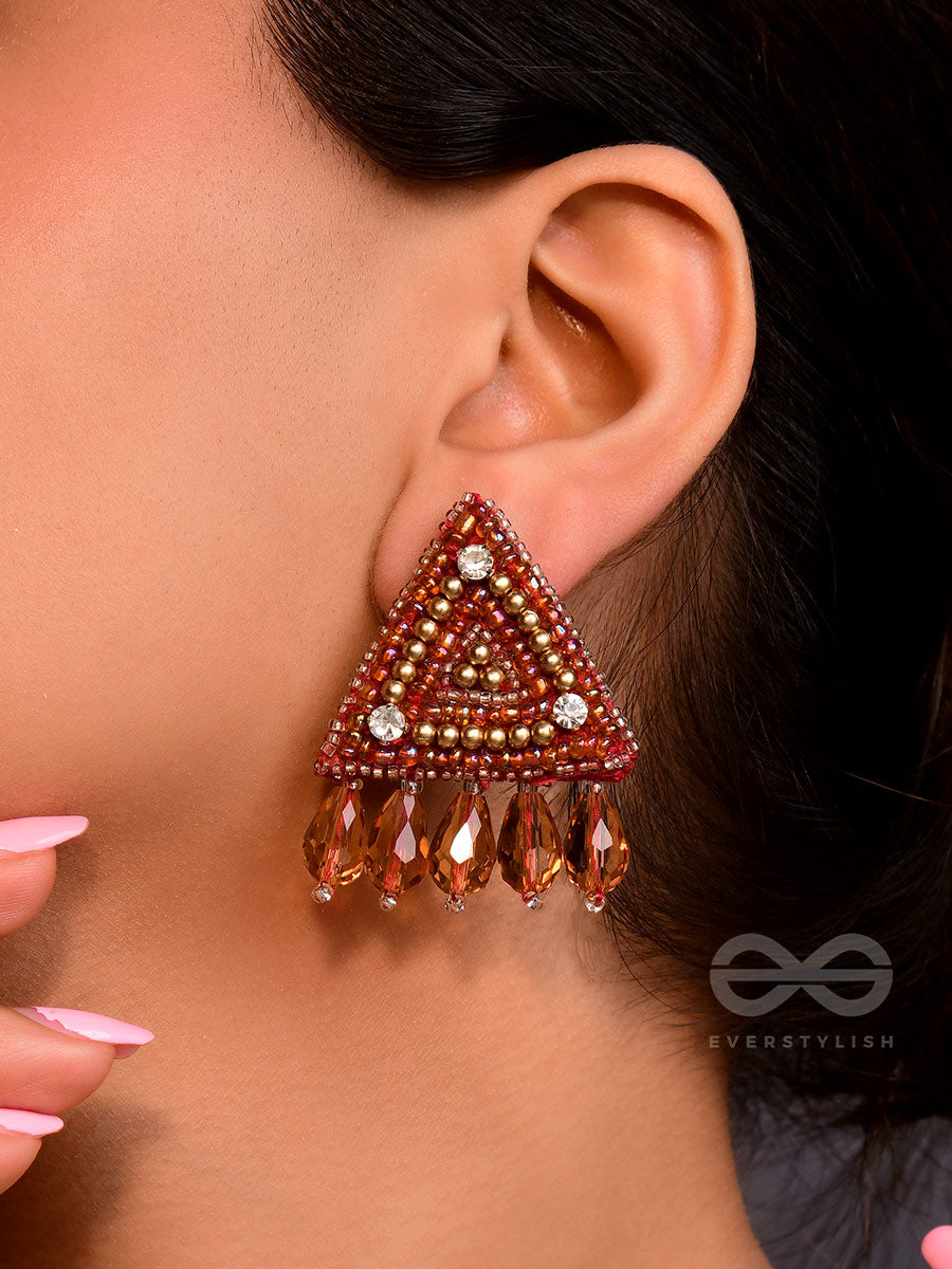 Chaitya- The Cryptic Pyramid- Stones, Glass Drops And Beads Embroidered Stud Earrings