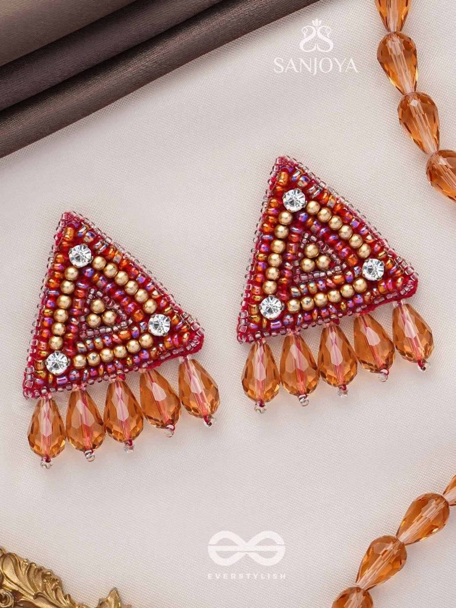 Chaitya- The Cryptic Pyramid- Stones, Glass Drops And Beads Embroidered Stud Earrings