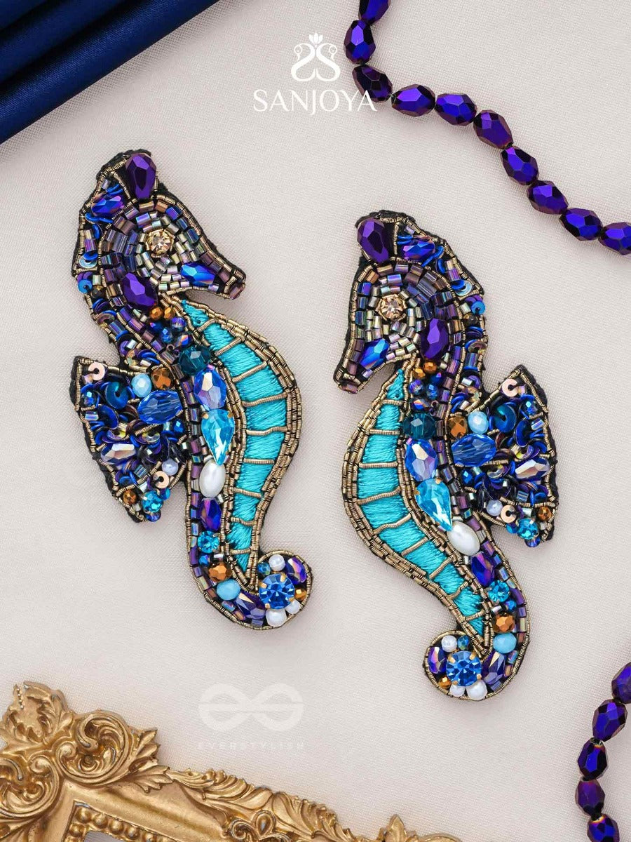 Ashwameen- The Splendid Seahorse- Stones, Sequins And Beads Embroidered Statement Earrings