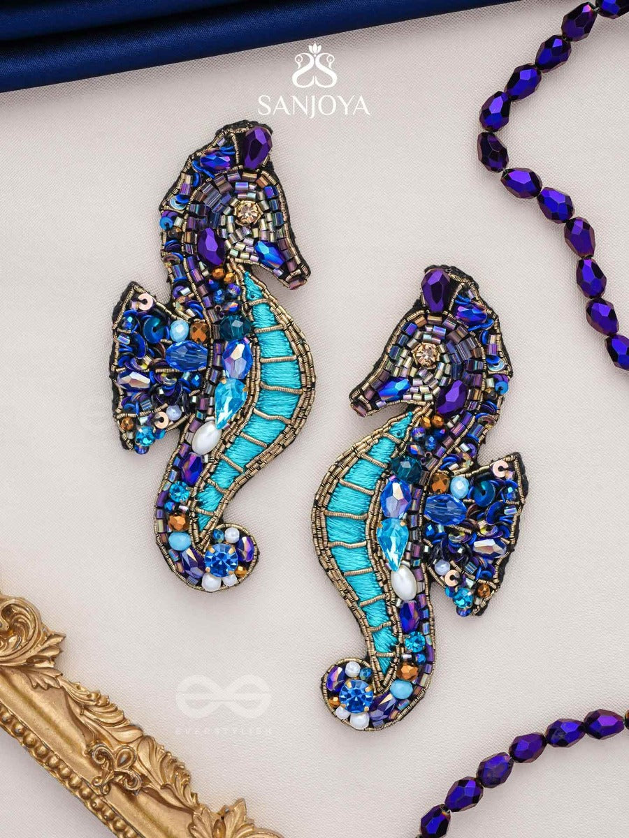 Ashwameen- The Splendid Seahorse- Stones, Sequins And Beads Embroidered Statement Earrings