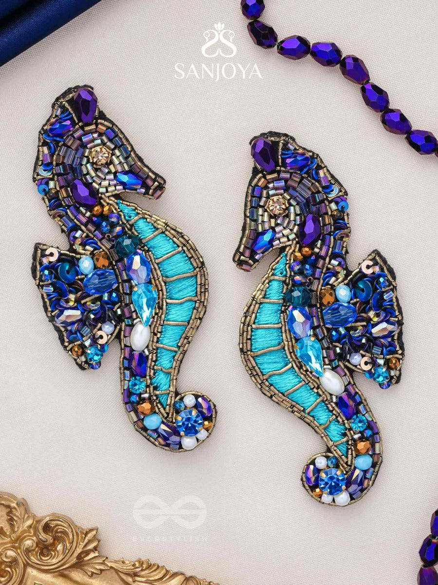 Ashwameen- The Splendid Seahorse- Stones, Sequins And Beads Embroidered Statement Earrings