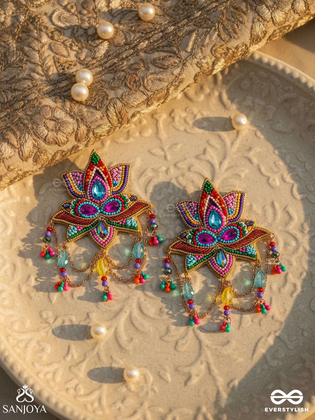 Karnika- The Lovely Lotus- Stones, Sequins And Resham Embroidered Statement Earrings