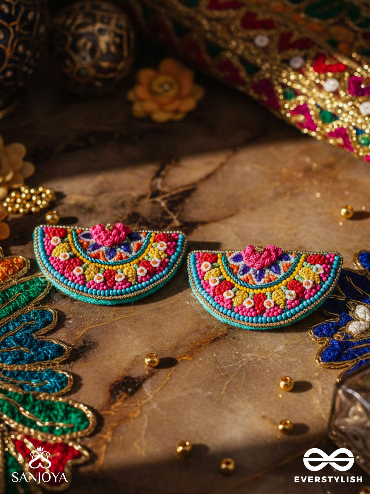 Vrittardha- The Florid Semicircle- Stones, Sequins And Resham Embroidered Stud Earrings