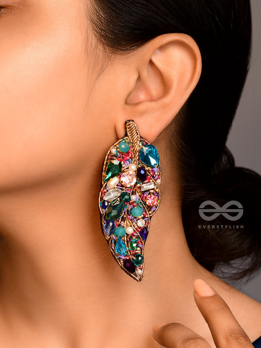 Parnila- The Lovely Leaf- Stones, Sequins And Glass Beads Embroidered Stud Earrings
