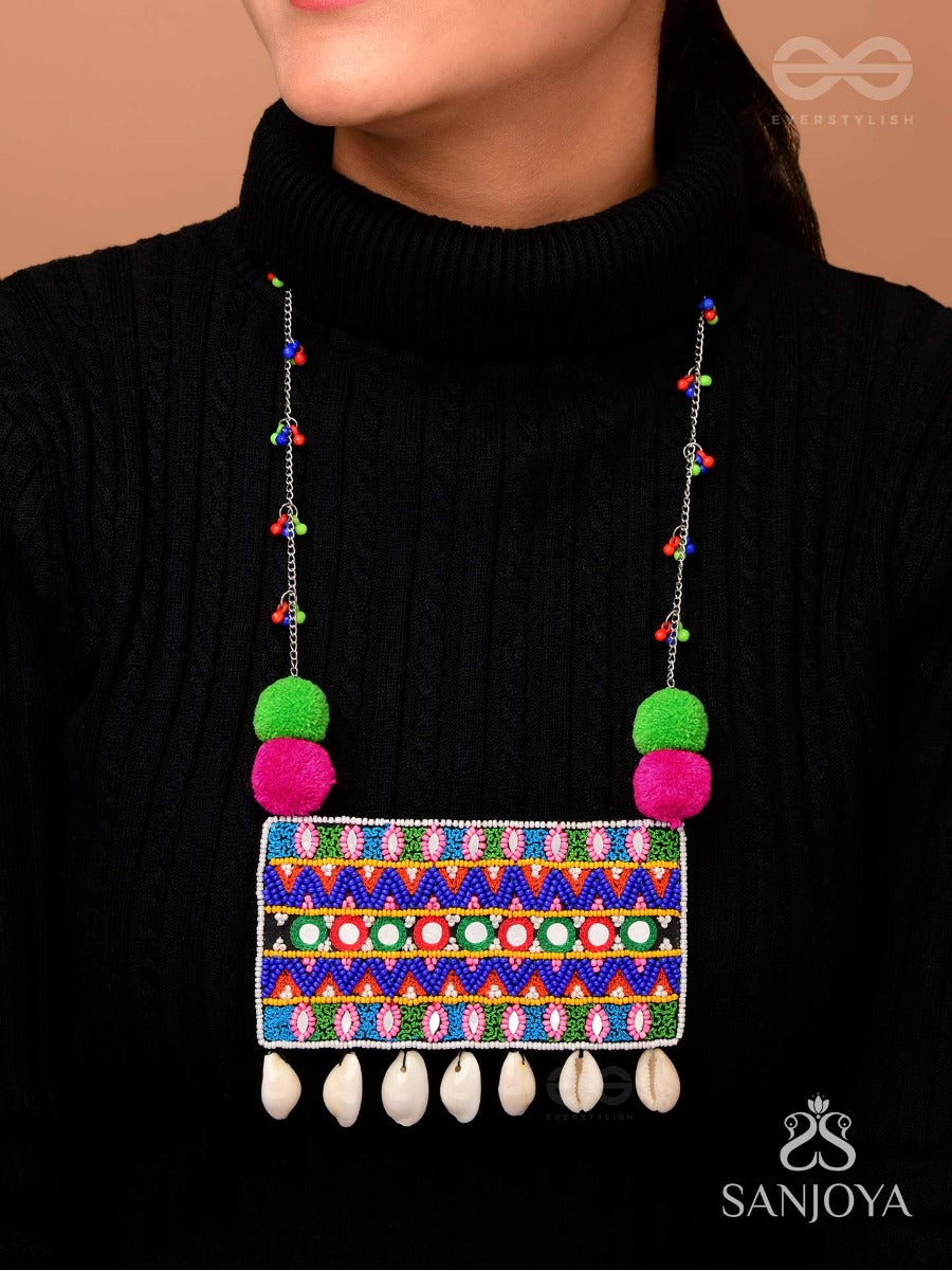 Aastarana - The Stunning Tapestry - Mirrors, Resham And Shells Hand Embroidered Statement Neckpiece